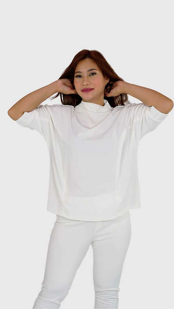 Cowl Neck with Sleeve Garter Top - Cloud